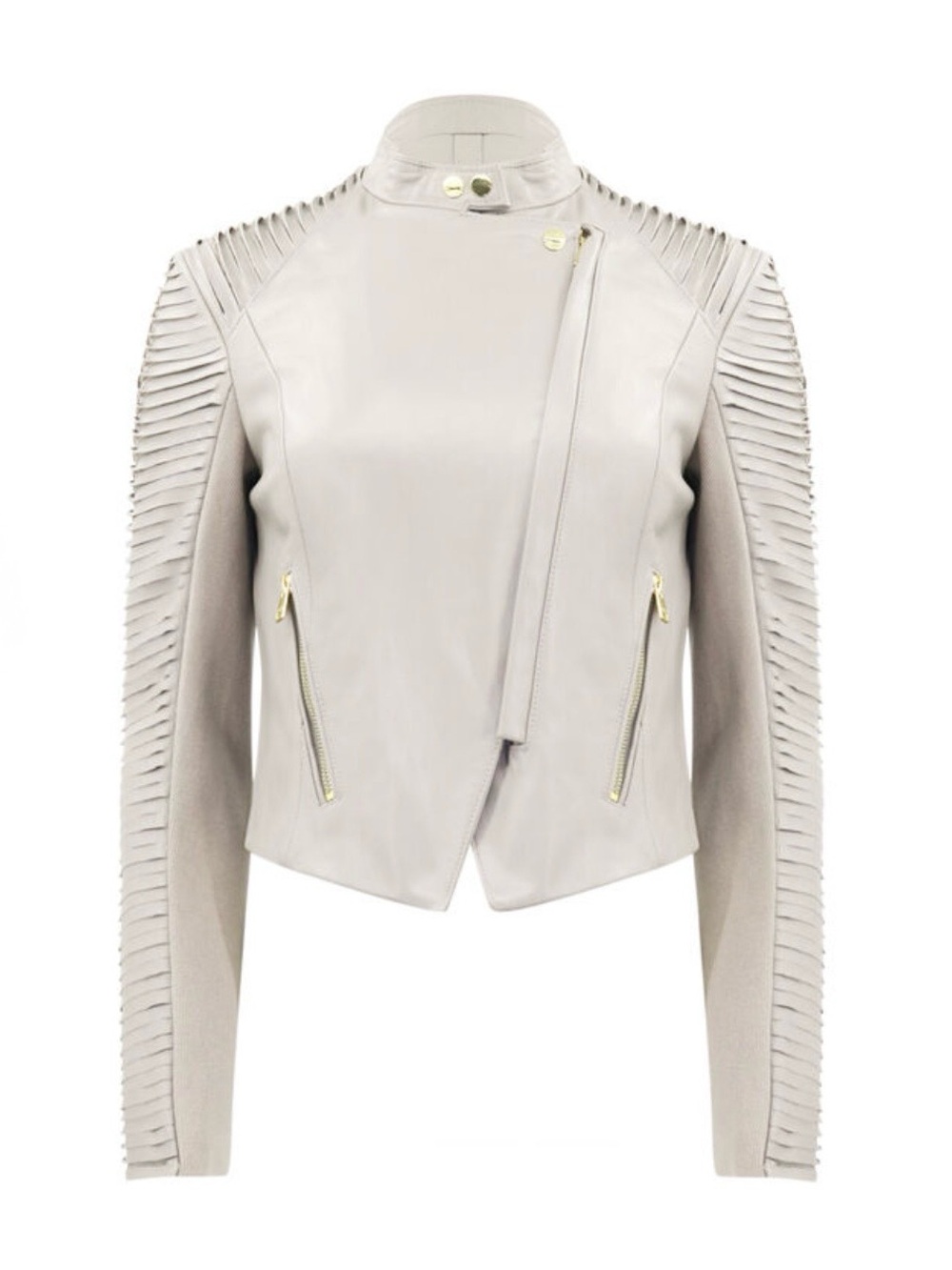 Lamarque Azra White Leather Moto Jacket Pleated Sleeve Biker Size Medium